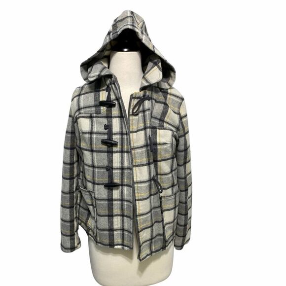 Old Navy Plaid Wool Winter Jacket With Hood‎ Toggle Jacket Gray Yellow Small - Picture 11 of 11